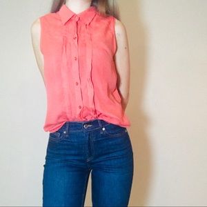 Coral 100% Silk Sleeveless Button Down Blouse